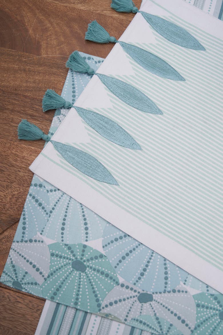 Tassel and Stripes Fish Placemats Machine Washable Set of 6, Alternate, color, Blue