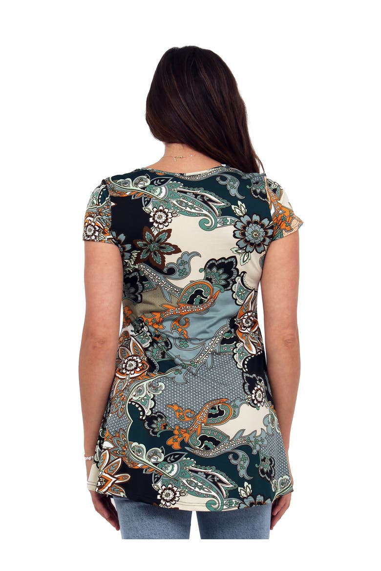 Basic Floral Print V-Neck Short Sleeve Flared Tunic Top, Alternate, color, Green Multi