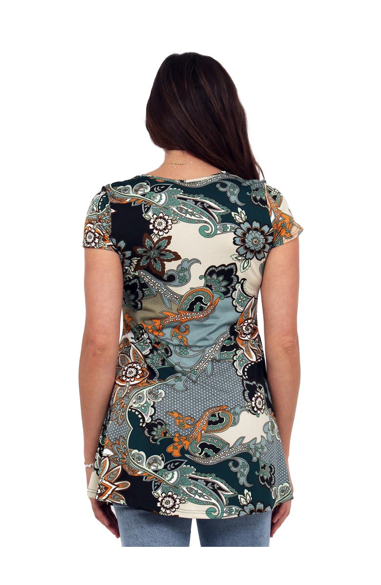 24seven Comfort Apparel Basic Floral Print V-Neck Short Sleeve Flared Tunic Top, Alternate, color, Green Multi