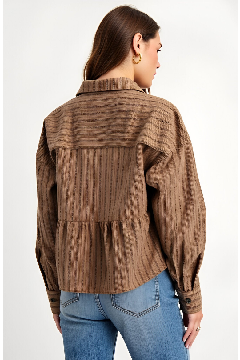 Striped Button-Front Shirt Jacket with Peplum Hem and Chest Pockets, Alternate, color, Striped