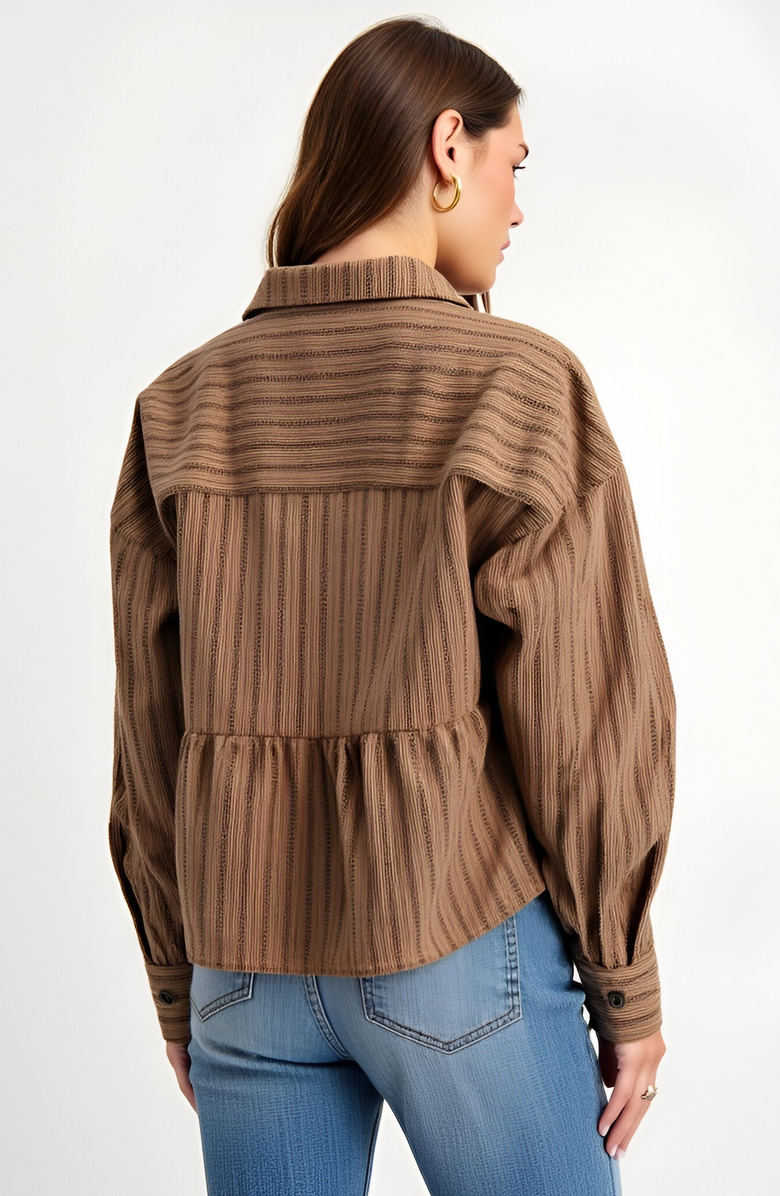 Modenaire Striped Button-Front Shirt Jacket with Peplum Hem and Chest Pockets, Alternate, color,