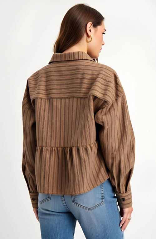 Modenaire Striped Button-front Shirt Jacket With Peplum Hem And Chest Pockets In Brown