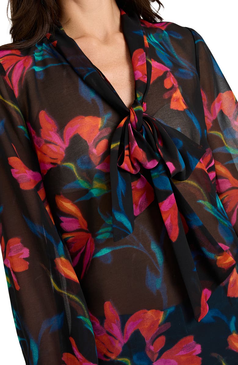 Tahari ASL Floral Bow Neck Chiffon Top, Alternate, color, Black Pink Floral