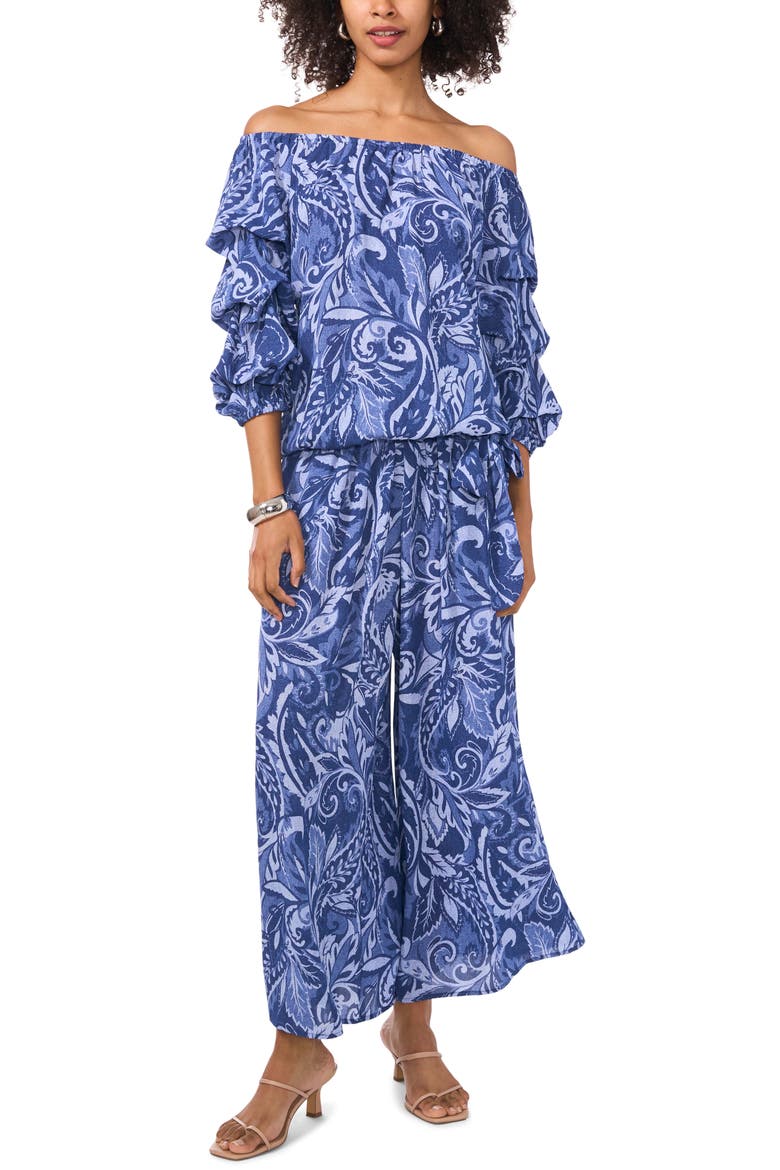 Paisley Floral Off the Shoulder Bubble Sleeve Top, Alternate, color, DENIM