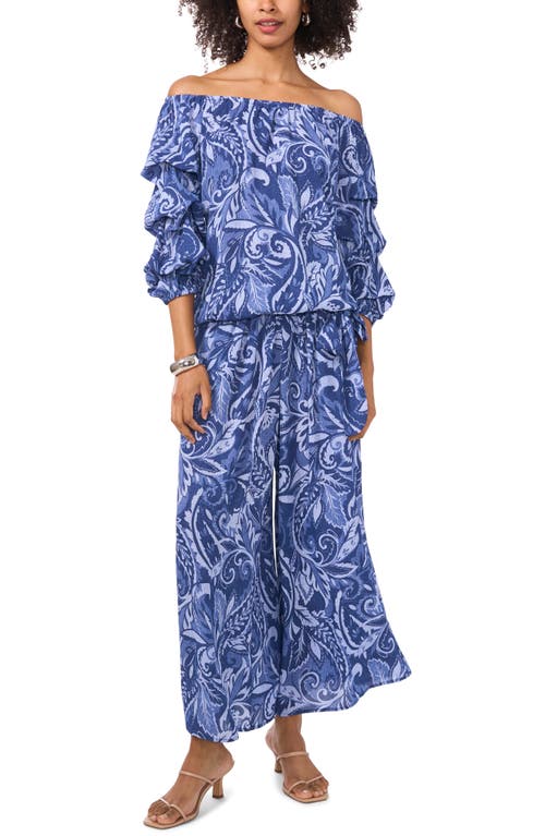 Shop Vince Camuto Paisley Floral Off The Shoulder Bubble Sleeve Top In Denim