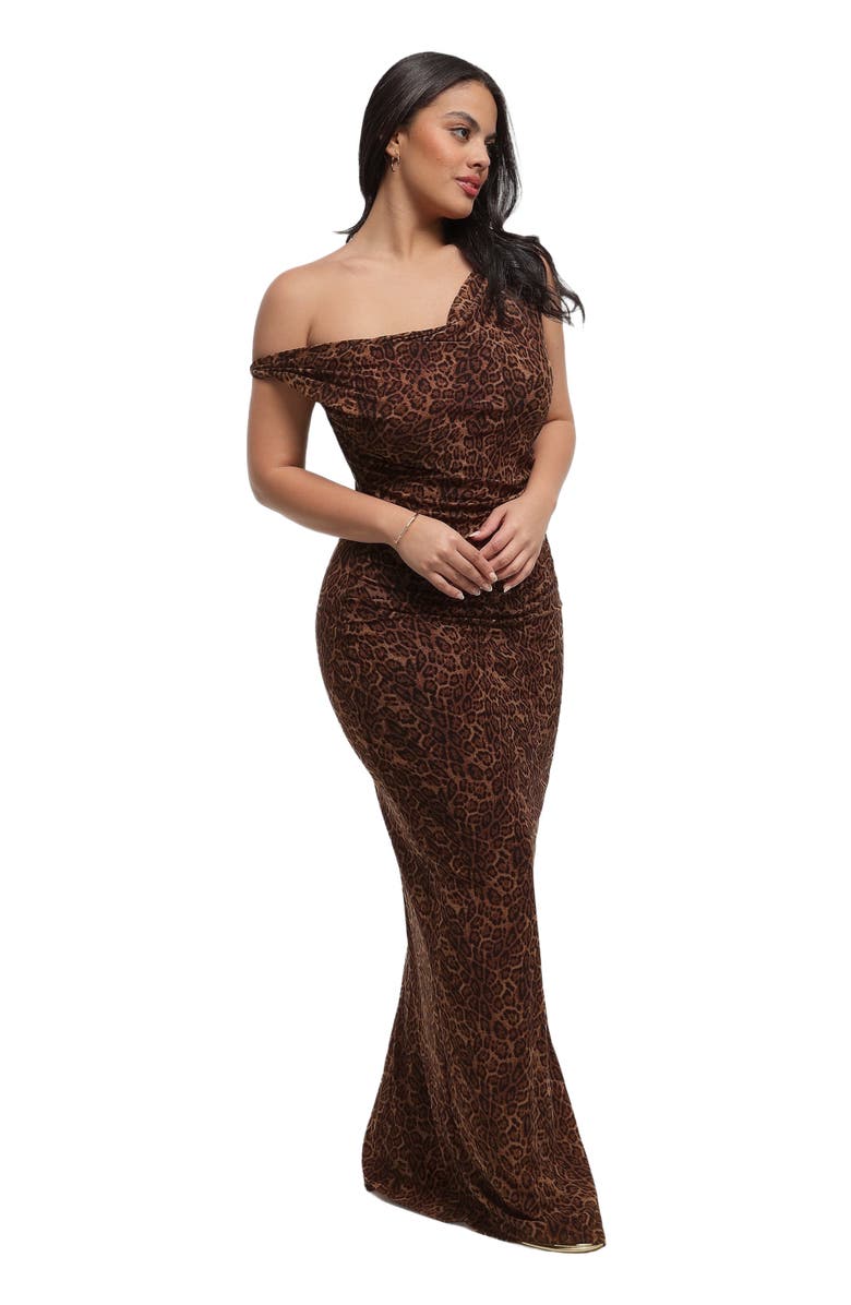 Popilush Shapewear Cowl Neck Leopard Ruched Sculpting Maxi Dress, Alternate, color, Leopard Brown