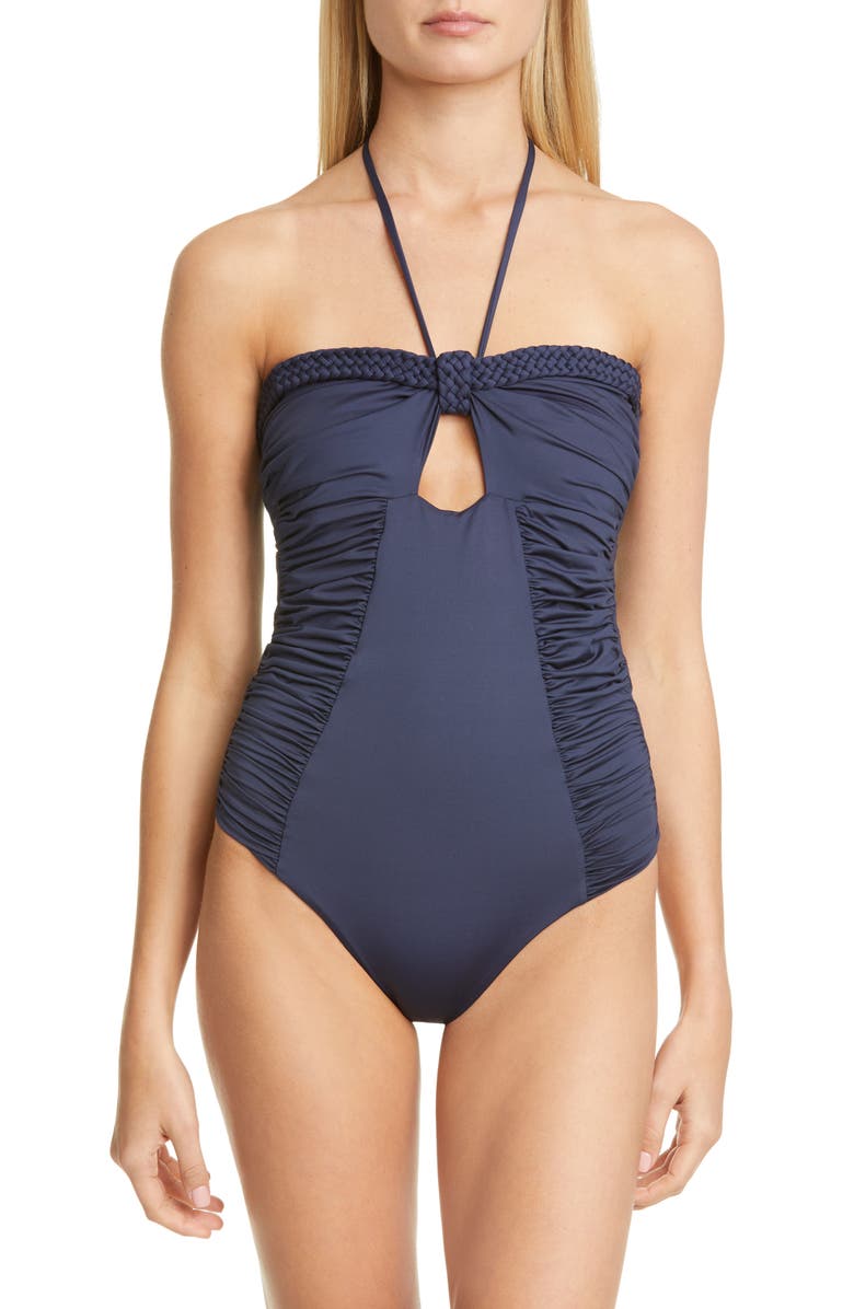 Johanna Ortiz Ruched Halter One-Piece Swimsuit, Main, color, 