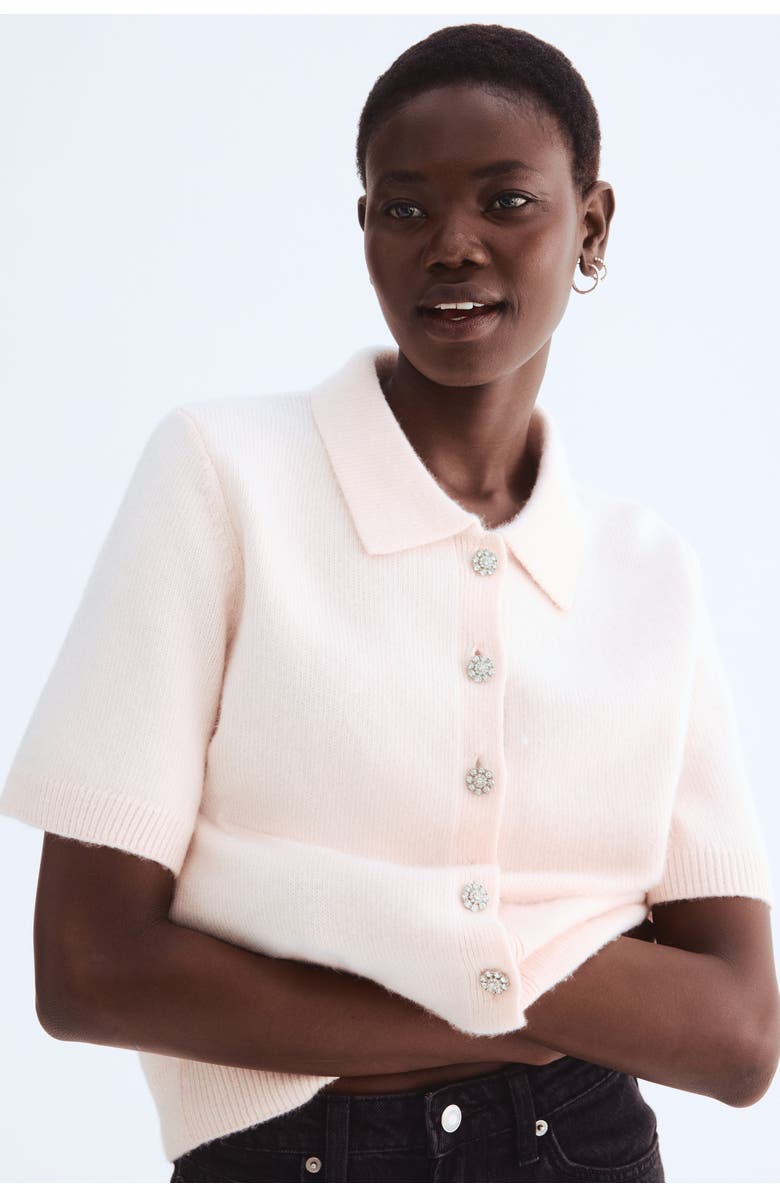 H&M Short-sleeved cardigan with collar, Main, color, Pale Pink