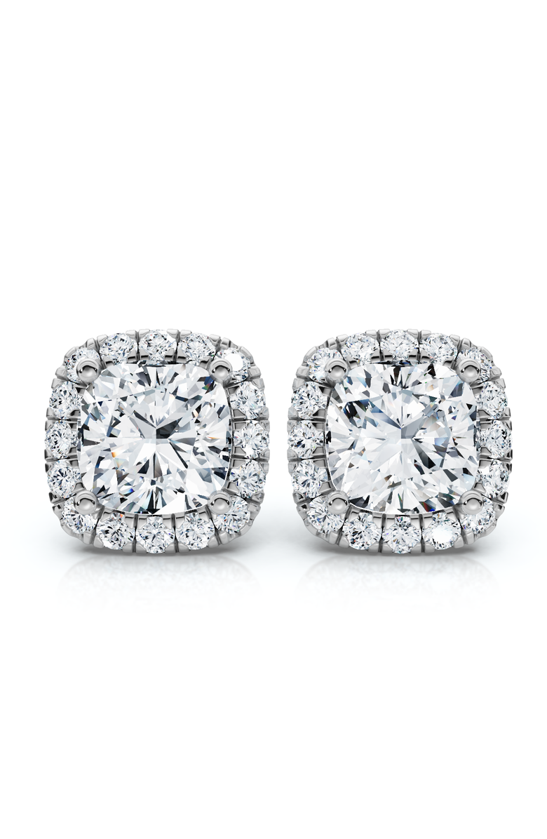 Bliss Diamond Certified 5.80Ct Cushion Cut Diamond Halo Studs 14k Gold Women's Earrings, Main, color, 14K White Gold