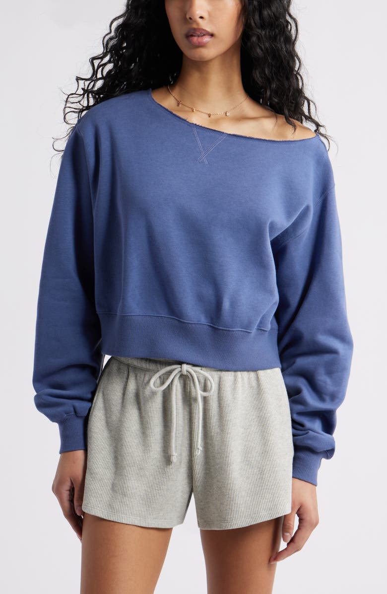 BP. Fleece Detail Off the Shoulder Sweatshirt, Main, color, Blue Indigo