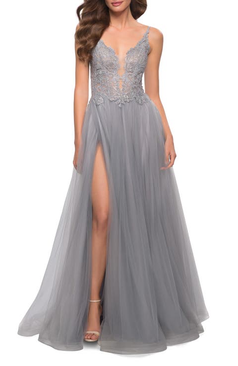 Tulle A Line Gown with Lace Rhinestone Bodice