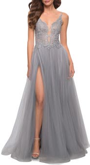 La Femme Tulle A Line Gown with Lace Rhinestone Bodice