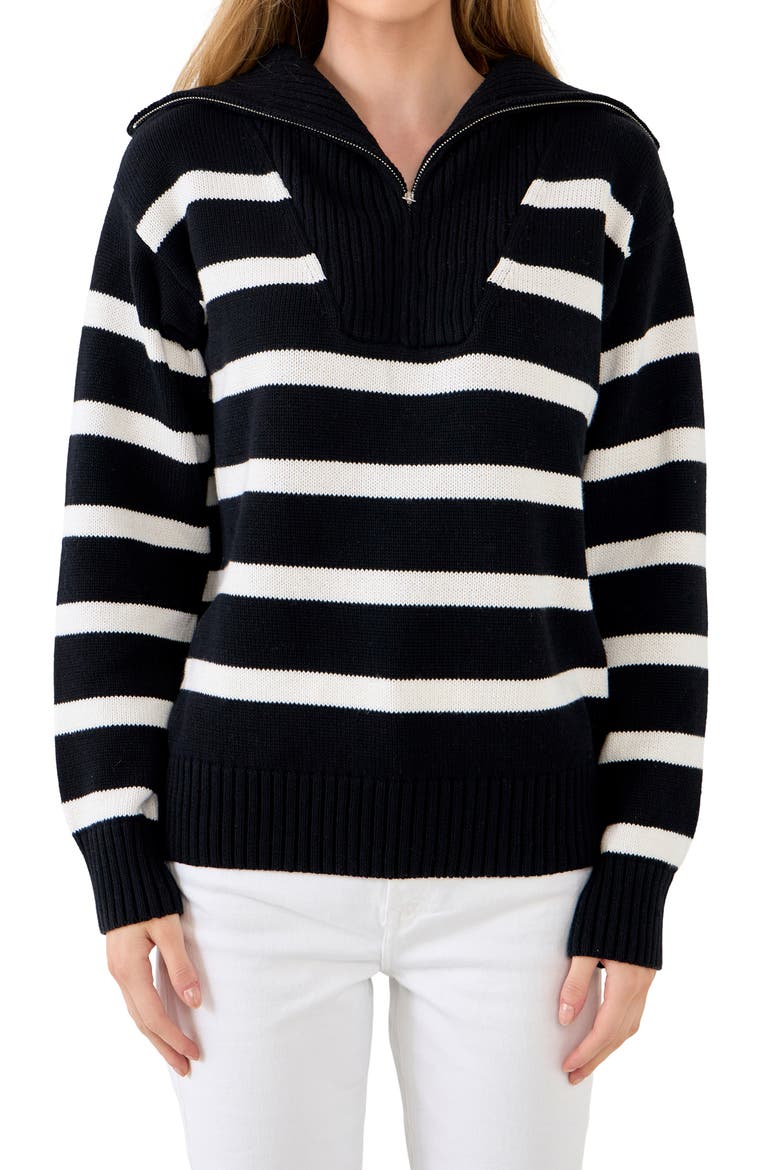Stripe Cotton Zip Pullover, Alternate, color, BLACK