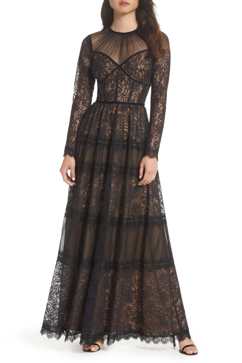 Long Sleeve Lace Gown, Main, color, BLACK/ NUDE