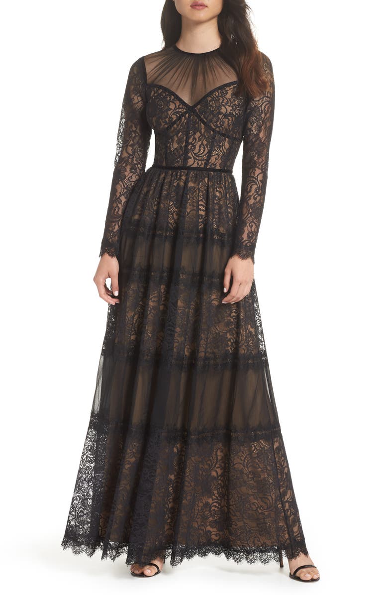 Tadashi Shoji Long Sleeve Lace Gown, Main, color, 