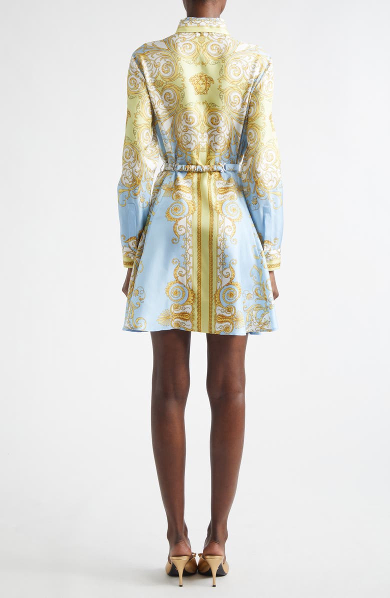 Versace Barocco Print Belted Long Sleeve Silk Shirtdress, Alternate, color, Pale Yellow Pastel Blue