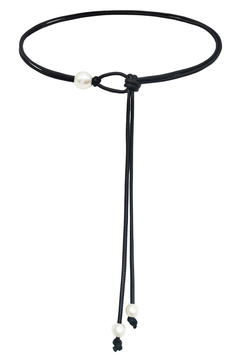 Faux Pearl Faux Leather Tie Belt, Main, color, BLACK