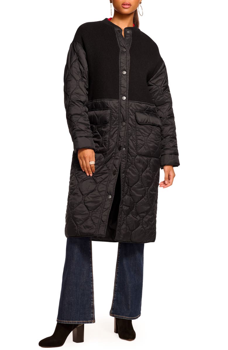 Ramy Brook Melanie Quilted Mixed Media Coat with Scarf, Alternate, color, Black