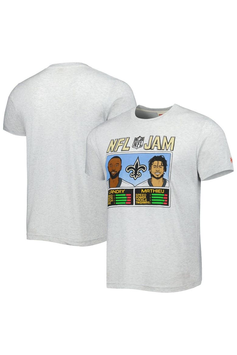 Men's Homage Jarvis Landry & Tyrann Mathieu Heather Gray New Orleans Saints NFL Jam Tri-Blend T-Shirt, Main, color, Heather Gray