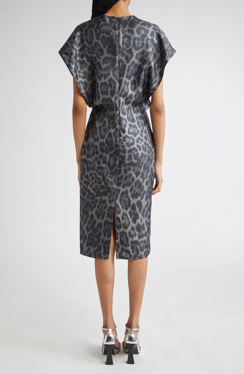 Stella McCartney Leopard Print V-Neck Silk Midi Dress, Alternate, color, 1230 - Ash Grey