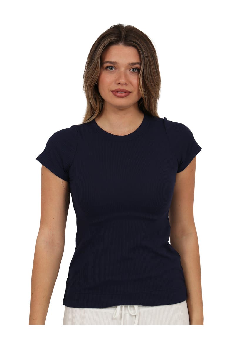 Basic Ribbed Knit Round Neck Short Sleeve Top, Main, color, Navy