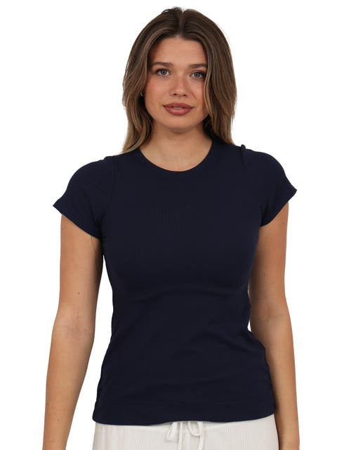 Basic Ribbed Knit Round Neck Short Sleeve Top