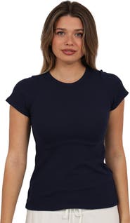24seven Comfort Apparel Basic Ribbed Knit Round Neck Short Sleeve Top