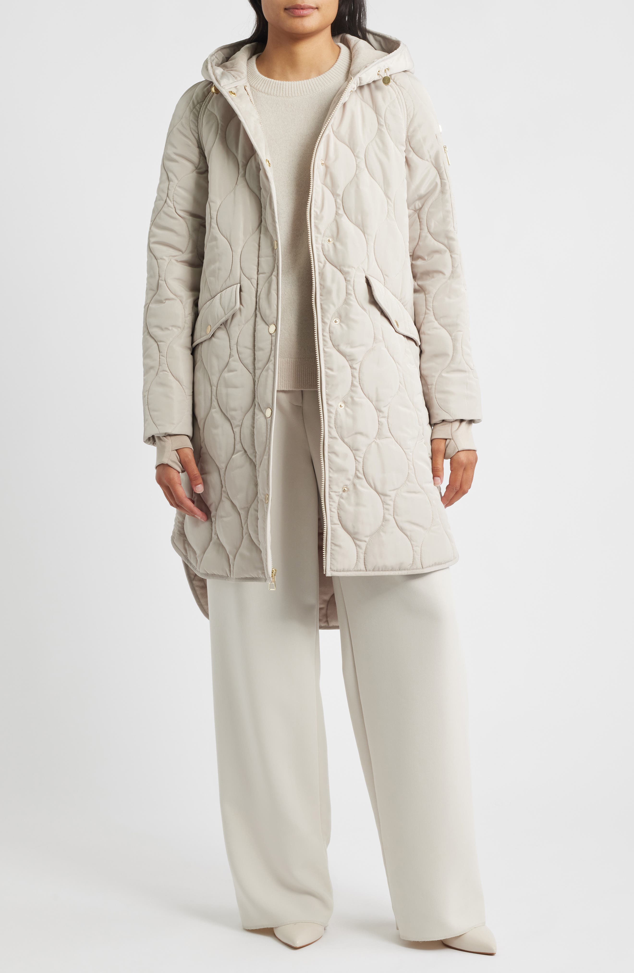 BCBG Onion Quilted Hooded Long Coat