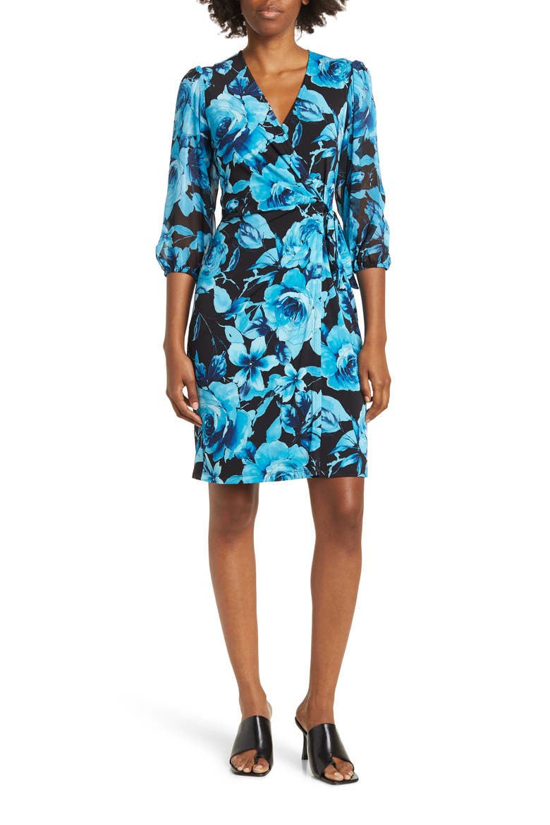 Floral Chiffon Sleeve Faux Wrap Dress, Main, color, DEEP TURQ