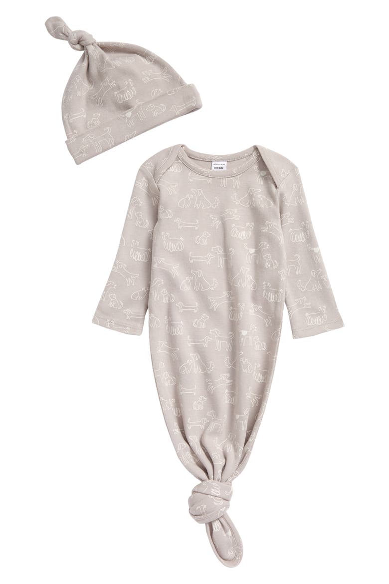 Knotted Gown & Hat Set, Main, color, GREY ASH PUPPIES