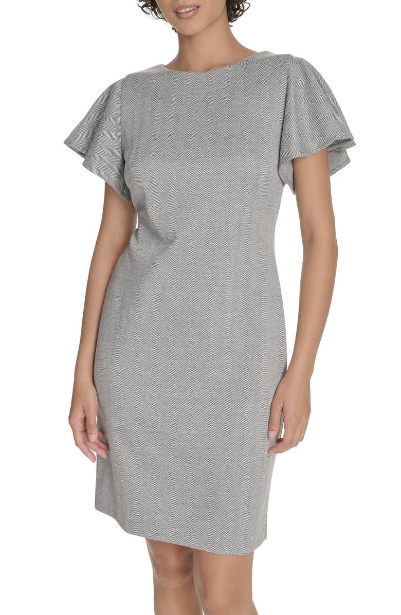 Tommy Hilfiger Flutter Sleeve Herringbone Sheath Dress, Alternate, color, Light Grey Ivory