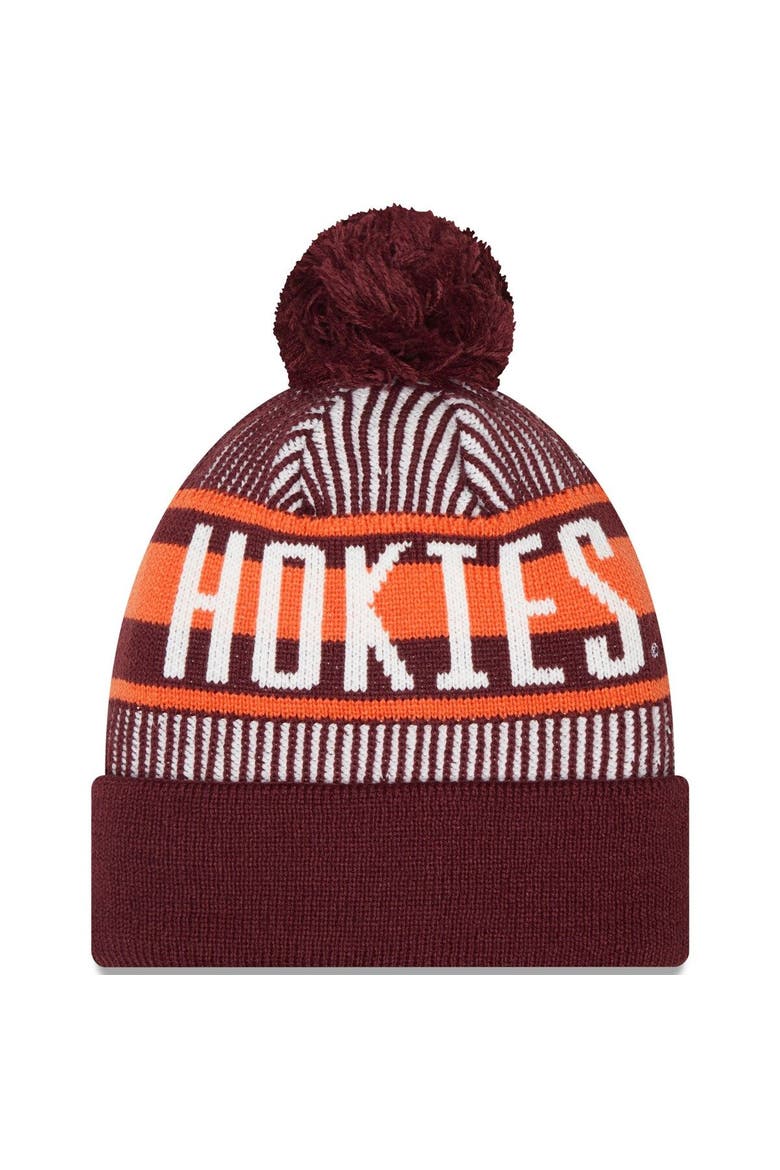 Men's New Era  Maroon Virginia Tech Hokies Logo Striped Cuff Knit Hat with Pom, Alternate, color, Maroon