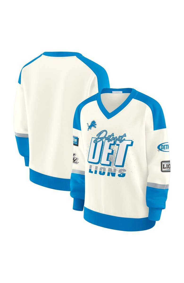 WEAR by Erin Andrews Women's WEAR by Erin Andrews Cream Detroit Lions Racing Crew V-Neck Sweatshirt, Main, color,