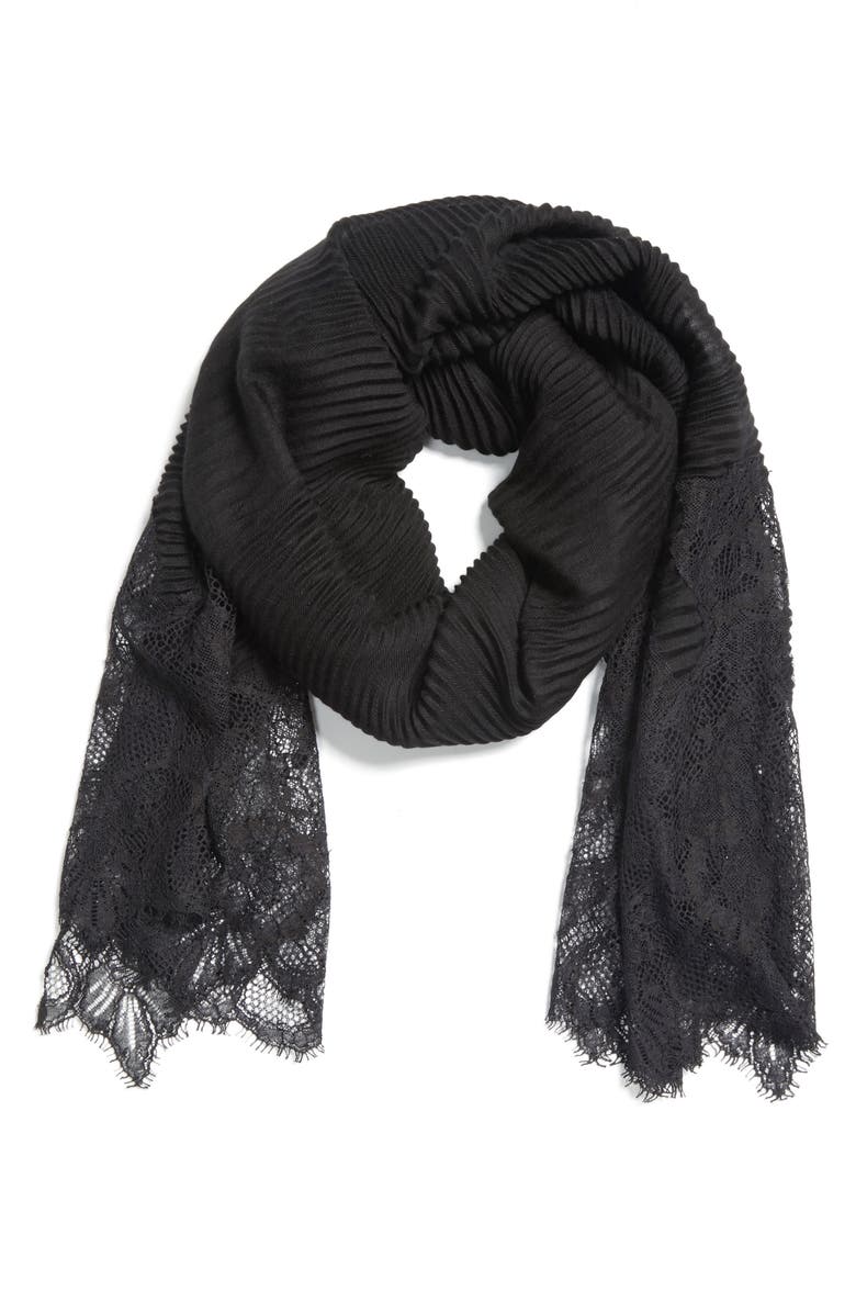 Valentino Garavani Plissé Pleated Lace Trim Scarf, Alternate, color,
