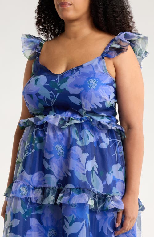Sugarlips Mylie Floral Ruffle Tiered Organza Maxi Dress In Blue