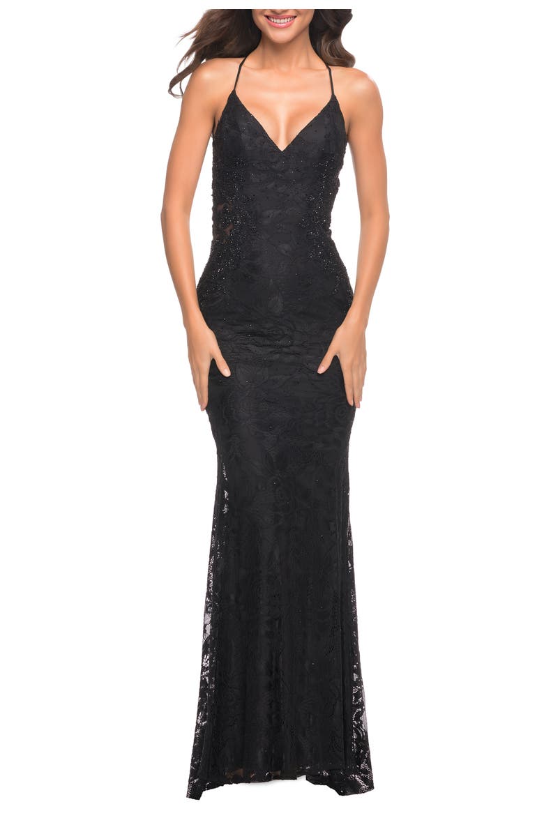 La Femme Lace Prom Dress with Illusion Embellished Sides, Alternate, color, Black