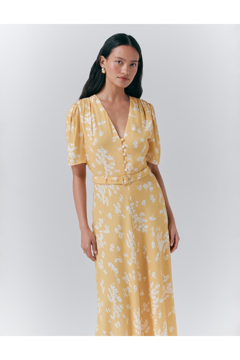 Jemima Crepe Floral Belted Midi Dress, Alternate, color, Yellow Daisy Ray