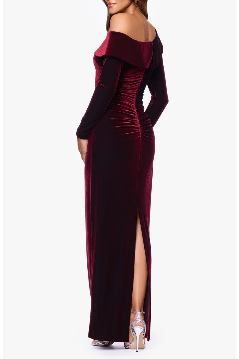 Side Ruched One-Shoulder Long Sleeve Velvet Column Gown, Alternate, color, BURGUNDY