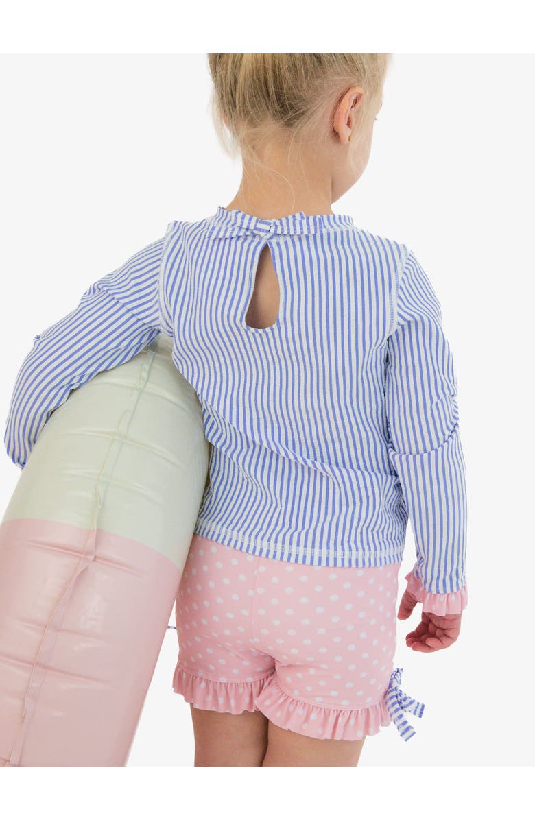 RuffleButts UPF50+ Seersucker Long Sleeve Rash Guard Ruffle Shorts 2-Piece Swimsuit, Alternate, color, Periwinkle Blue Seersucker