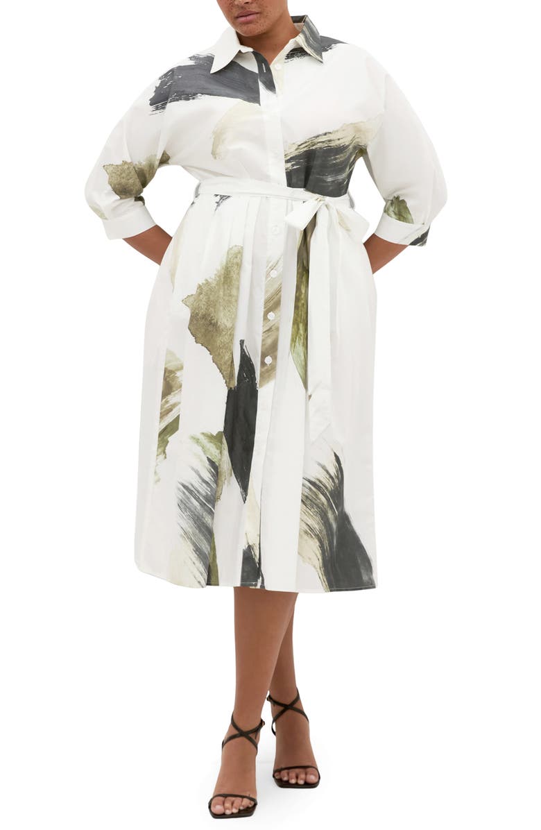 City Chic Angel Brushstroke Belted Cotton Shirtdress, Main, color, 