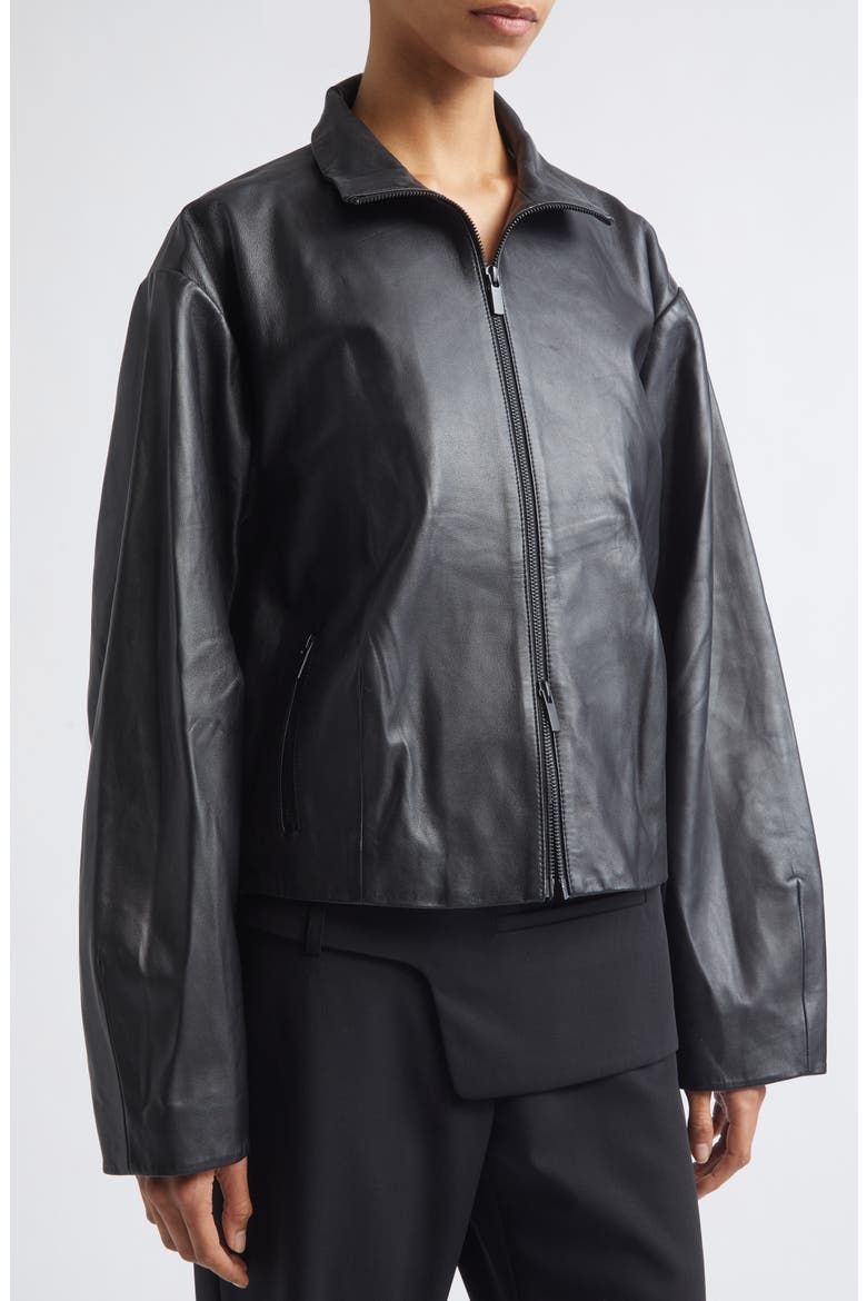 Cocoon Zip Leather Jacket, Alternate, color, BLACK