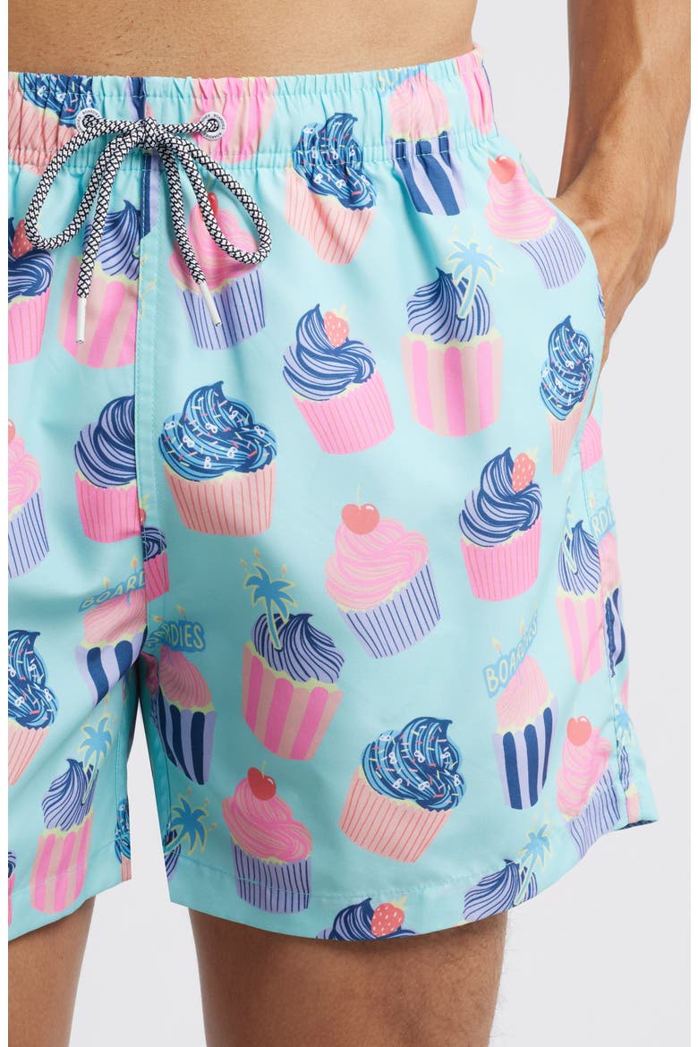 Celebrations Cupcake Print Mid Length Swim Trunks, Alternate, color, BLUE