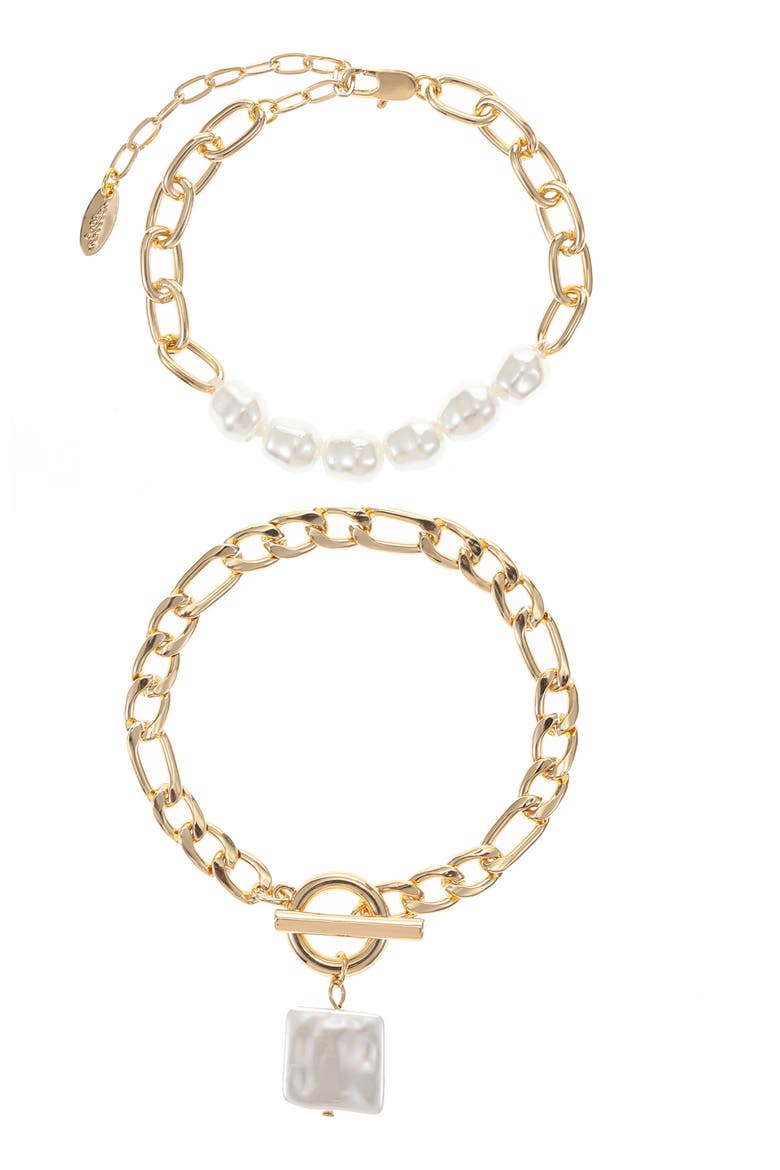 Imitation Pearl Chain Bracelet Set, Alternate, color, GOLD