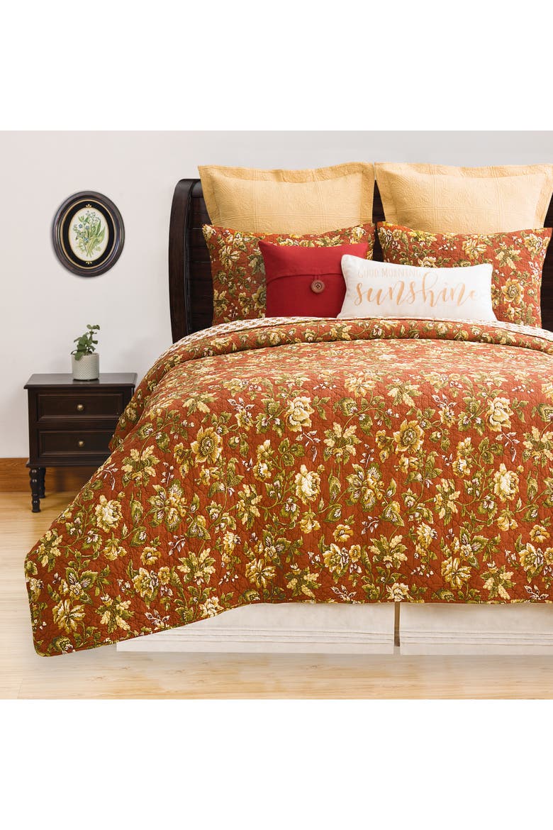 Estelle Fall Floral Cotton Quilt Set  - Reversible and Machine Washable, Alternate, color, Orange