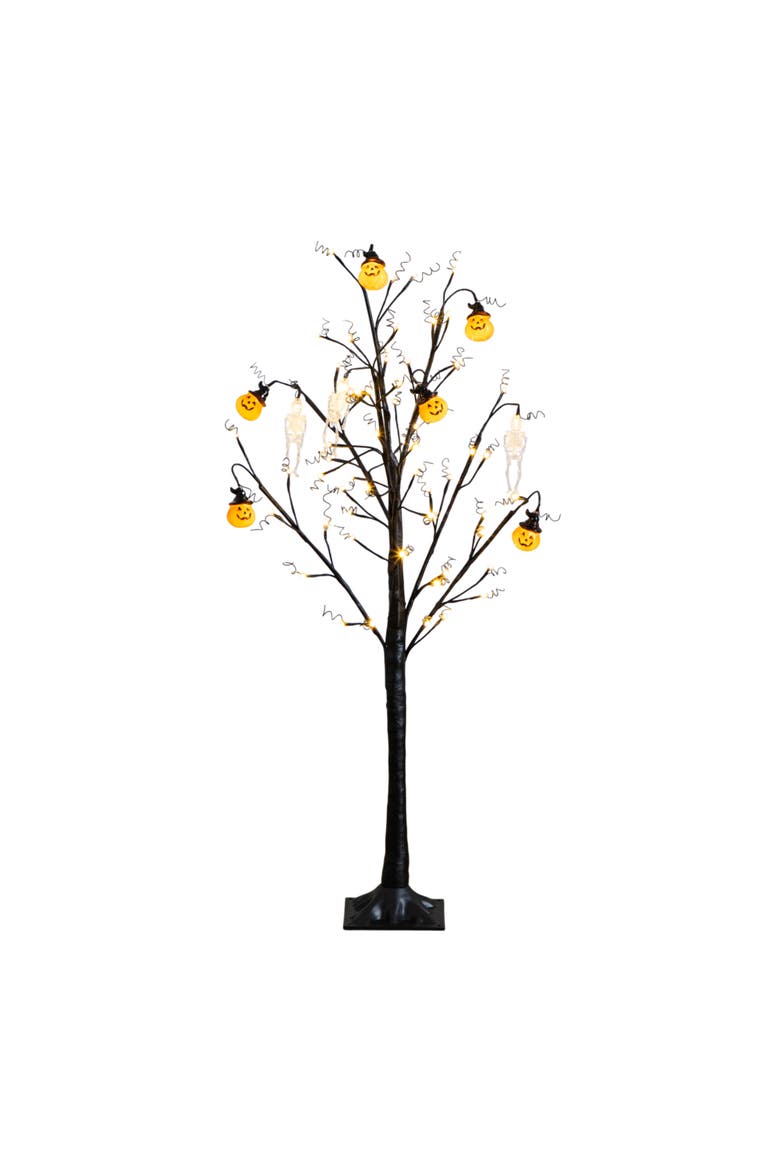 4-ft Pre-Lit Artificial Halloween Pumpkins and Skulls Ornament Tree with 64 Warm White LED Lights, Main, color, Black