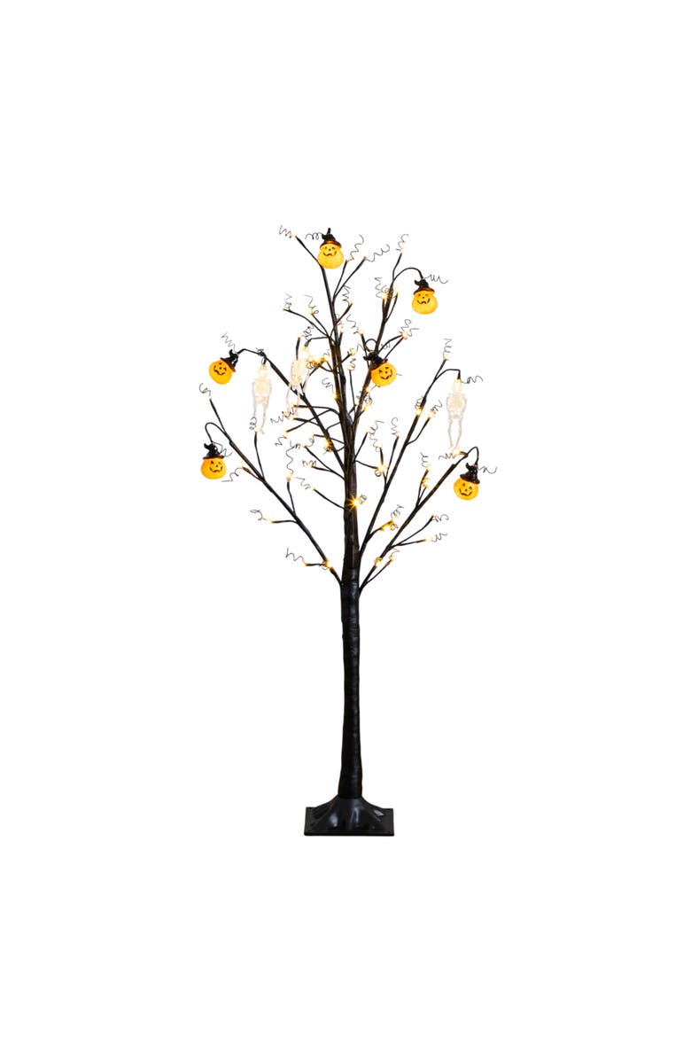 NEARLY NATURAL 4-ft Pre-Lit Artificial Halloween Pumpkins and Skulls Ornament Tree with 64 Warm White LED Lights, Main, color, Black
