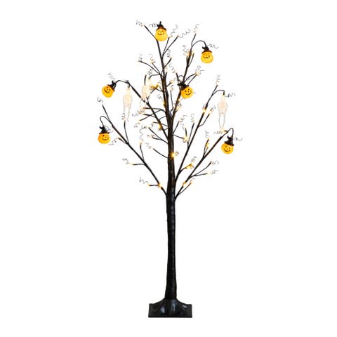 4-ft Pre-Lit Artificial Halloween Pumpkins and Skulls Ornament Tree with 64 Warm White LED Lights
