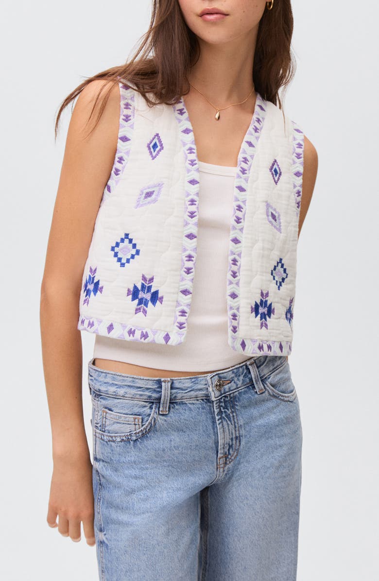 MANGO TEEN Embroidered Quilted Cotton Crop Vest, Main, color, Off White