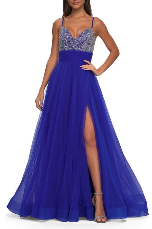 La Femme Tulle Gown With Full Skirt And Rhinestone Bodice In Royal Blue