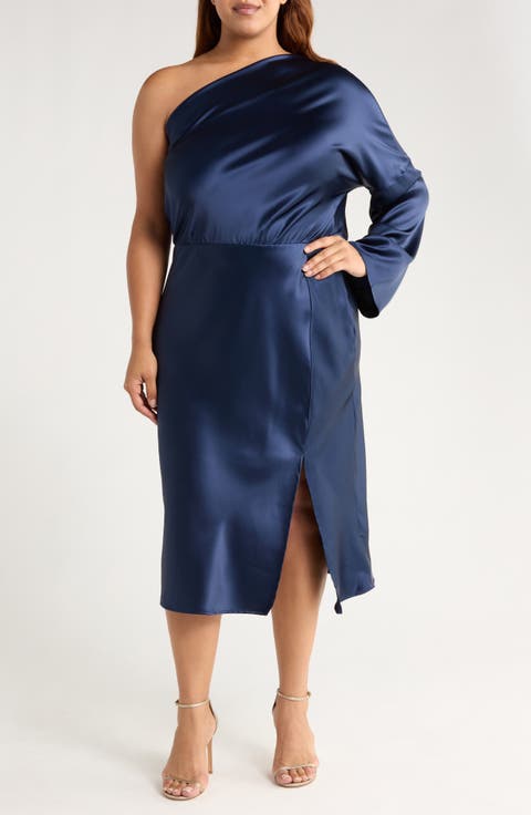 One-Shoulder Satin Midi Dress (Plus)